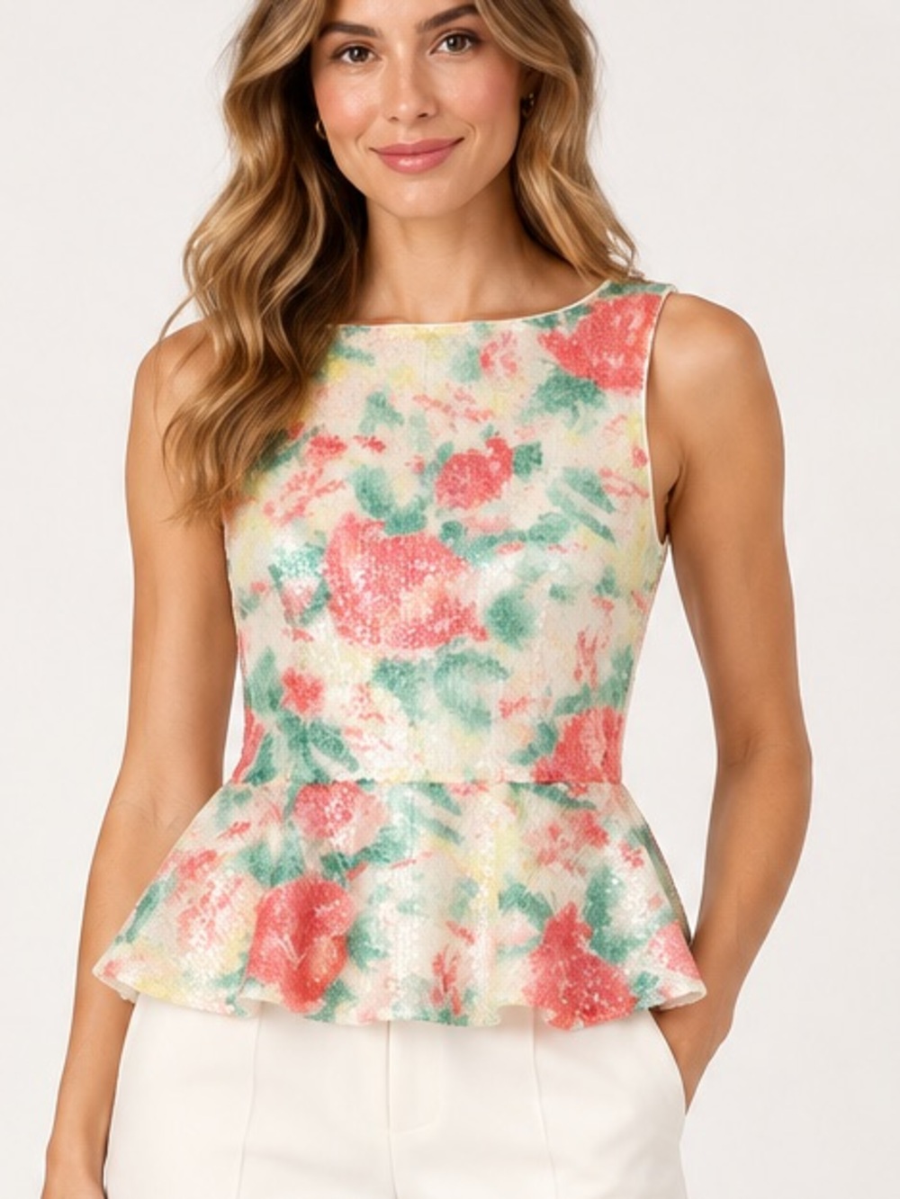 Alice + Olivia Floral Sequin Peplum Top in Coral and Green